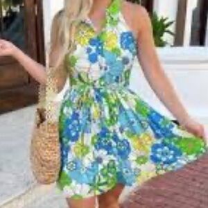 New Aura Sleeveless Dress Swiss Dots Collar 70’s Floral with Belt Large